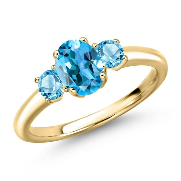 Gem Stone King 10K Yellow Gold Swiss Blue Topaz Engagement Ring for Women | 1.40 Cttw | Oval 7X5MM | Gemstone November Birthstone | Size 7