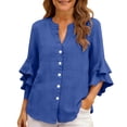 thumbnail image 2 of Only Moment Button Down Shirts for Women Long Sleeve V Neck Ruffle Sleeves Cotton and Linen/Wash Water Wrinkled Cloth Classic Fit Dress Shirt Work Business Casual Long Sleeve Blouse Tops Blue,M, 2 of 9