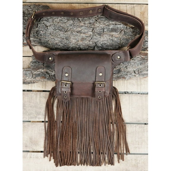 Leather Fringe Waist Belt, Brown, Adjustable 36-46 Inches.