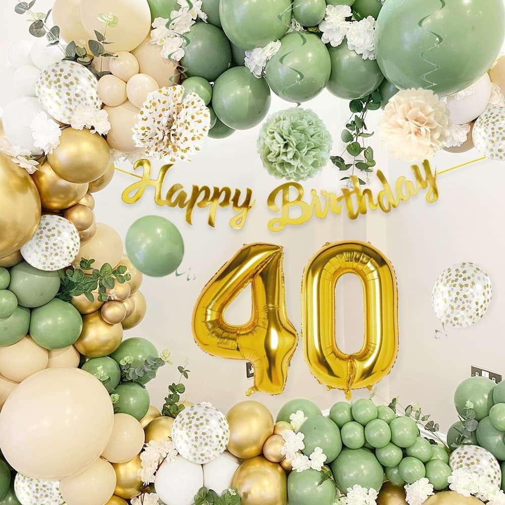 YANSION 40th Birthday Decorations for Women Man, 40th Birthday Anniversary Party Decorations Gold with Avocado Green Balloons, Happy Birthday Banner, Cake Topper, Tablecloth, Pompoms - Walmart.com