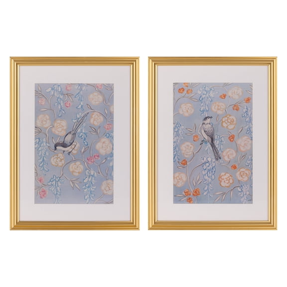 Gallery Solutions Set of 2 Framed Blue Bird Art Prints- 12x16 Floral Prints with Gold Foil Frame and Glass Matting for Elegant Wall Decor
