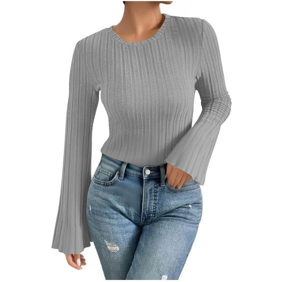 ZUKMRJPC Women's Crewneck Sweater Long Trumpet Sleeve Solid Color Tunic Knitted Sweater Fall Trendy Lightweight Warm Pullover Tops
