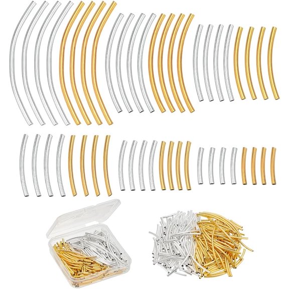 260pcs 6 Sizes Brass Curved Tube Beads Noodles Beads Golden Silver Tube Spacer Bead Smooth Metal Bead Connector for Blessing Bracelet Necklace Jewelry Making 14.5/20/25/30/40/50.5mm Long