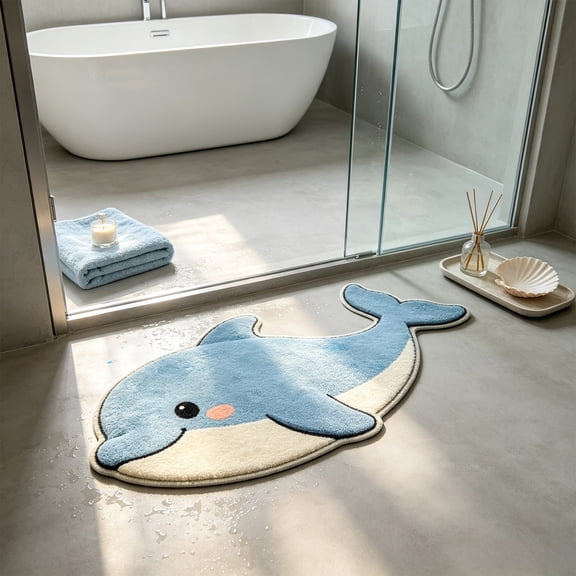 Dolphin Bath Rug,Soft Plush Faux‑Wool Non‑Slip Absorbent Polyester Mat for Bathroom Floor, Tub & Shower Decor,15.75"x 23.62"