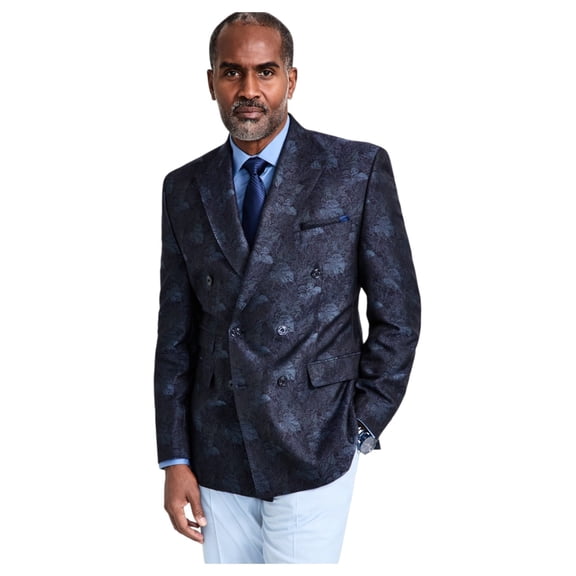 Tayion Mens Classic fit Double Breasted Suit Jacket Blazer 42 L Navy Blue Floral