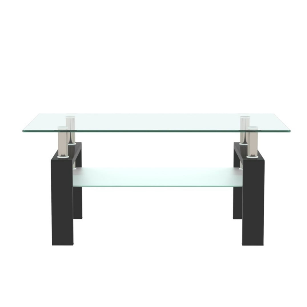 38.6" Rectangle Glass Coffee Table, Clear 2-Tier Center Table with Black Iron Frame, Modern Side Table for Living Room, Office, Apartment, 220 lbs Capacity