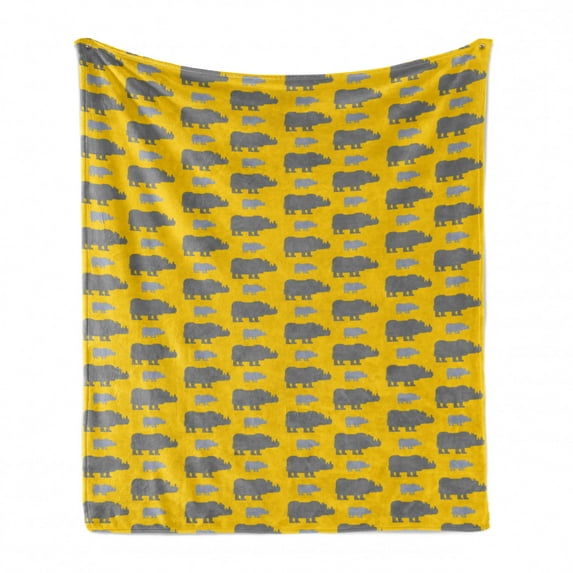 Safari Soft Flannel Fleece Throw Blanket, Animal Silhouettes Wilderness Horned Animals Zoo Pattern Illustration, Cozy Plush for Indoor and Outdoor Use, 50" x 70", Earth Yellow Blue Grey, by Ambesonne