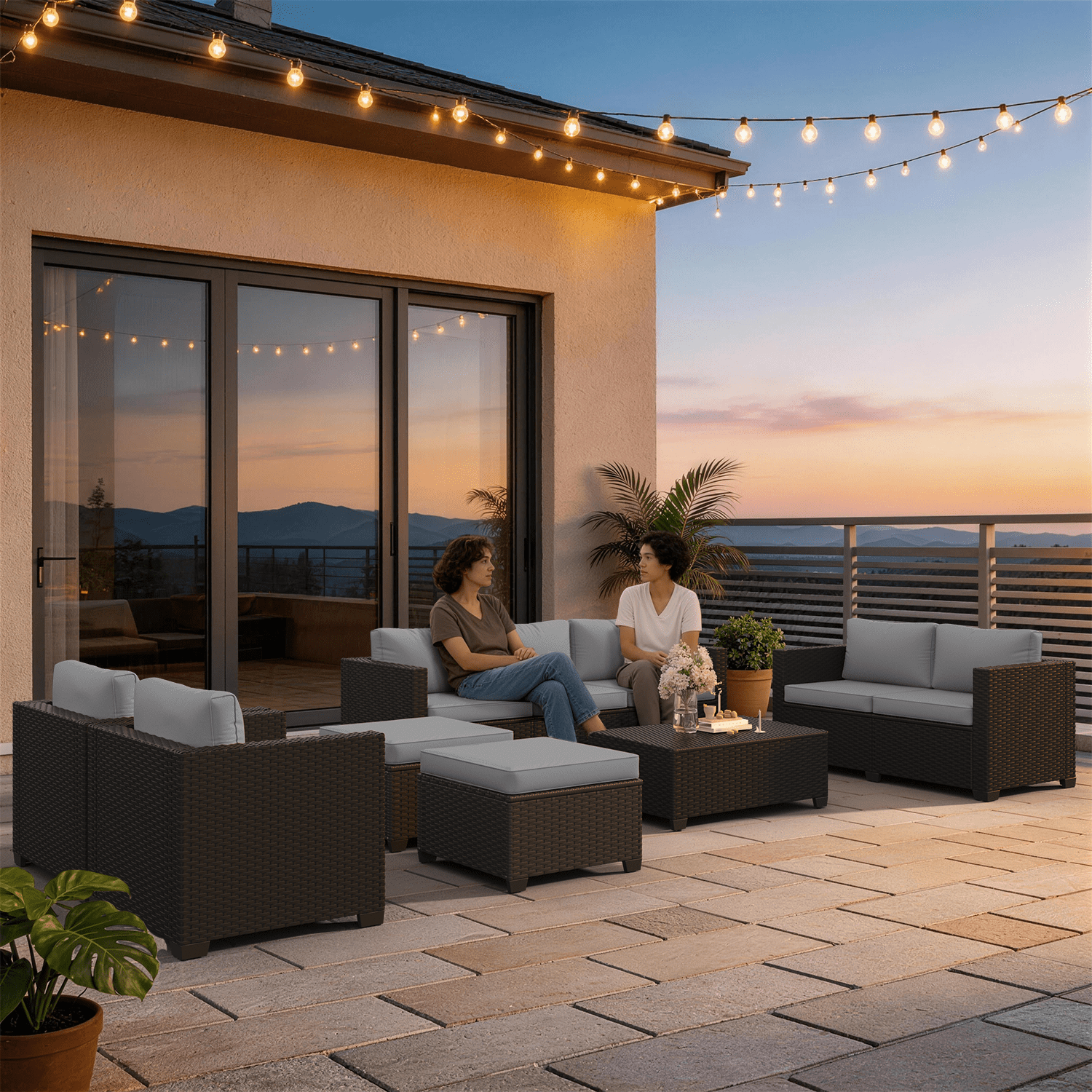 Sunmthink 10 Piece Patio Furniture Set, Rattan Wicker Patio Conversation Set Outdoor Furniture, Light Gray