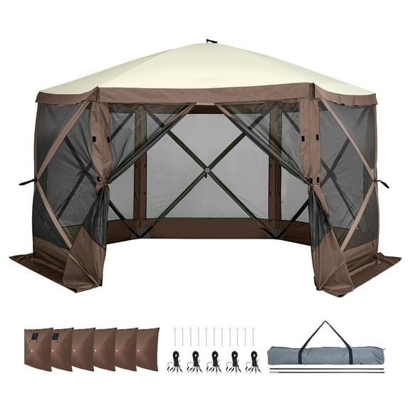 KFFKFF Pop-Up Gazebo, 6-Sided Screen Shelter with Removable Wind Panels & Mesh Windows, 12.5x12.5FT Instant Screen House with Mosquito Protection, Brown