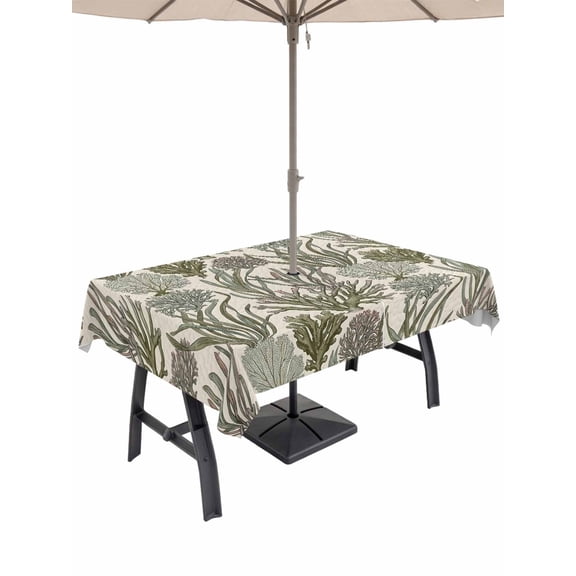 Outdoor Tablecloth with Umbrella Hole for Patio/Picnic/Party/Camping, Sage Green Coral Coastal Waterproof Table Cloth Rectangle Table Cover Washable, Summer Beach Nautical Ocean (60"x 102")
