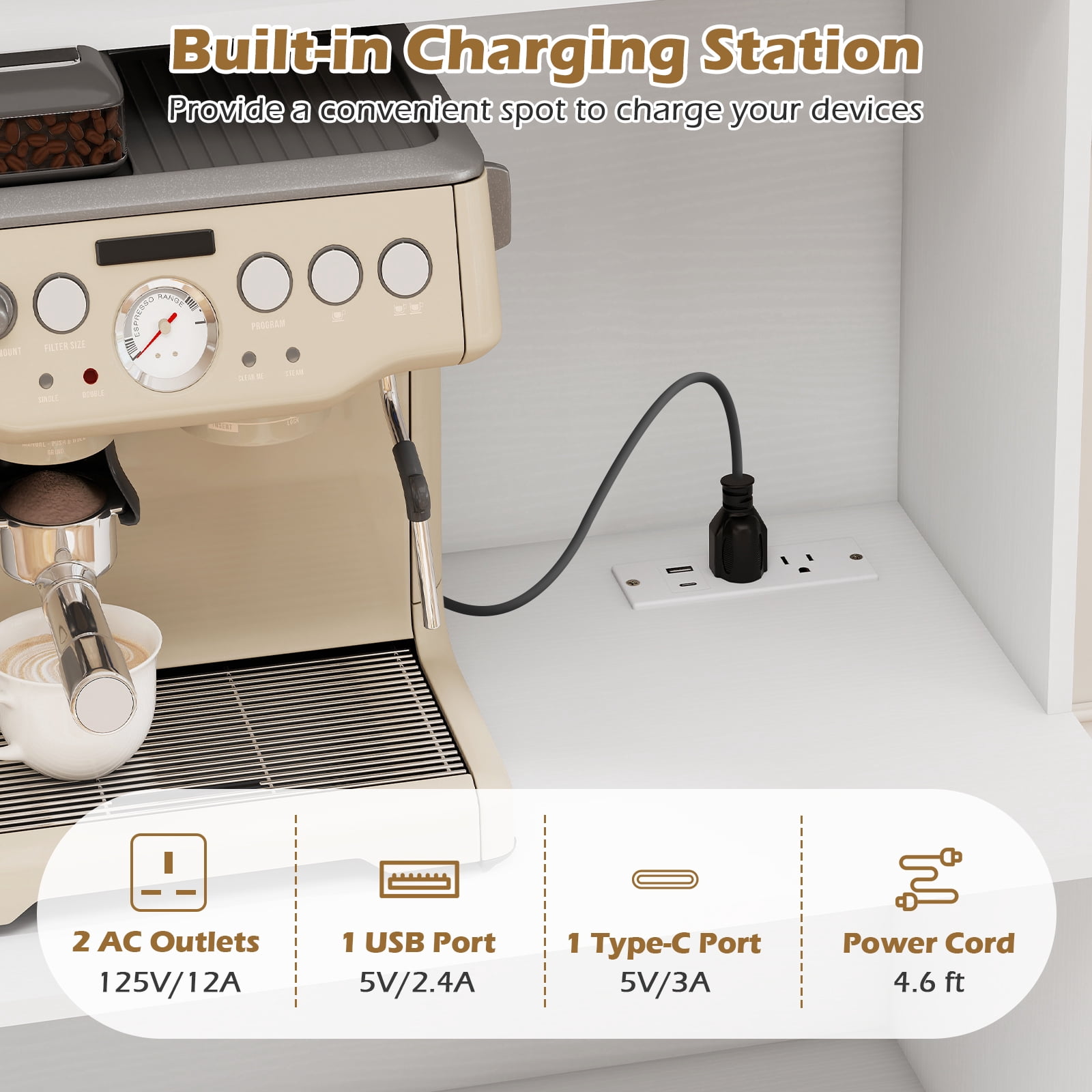 Costway Kitchen Pantry Cabinet with Charging Station, Adjustable Shelves and Doors, White