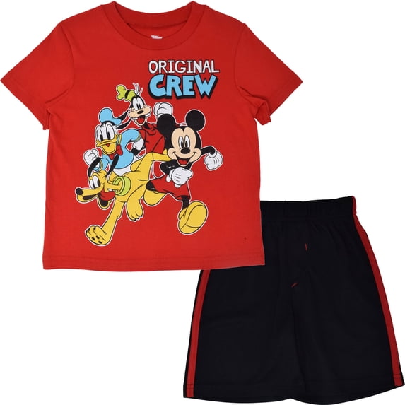 Disney Mickey Mouse Goofy Donald Duck Toddler Boys Athletic T-Shirt and Mesh Shorts Outfit Set Mickey Mouse Red/Black 2T