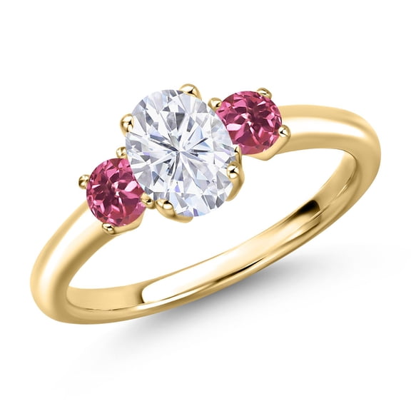 Gem Stone King 10K Yellow Gold White Moissanite and Pink Tourmaline Engagement Ring for Women | 1.20 Cttw | Oval 7X5MM | Gemstone Birthstone | Size 5