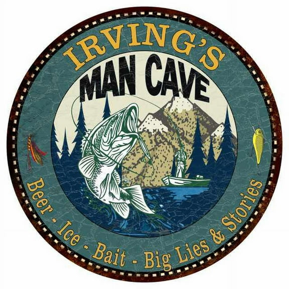 IRVING'S Man Cave Fishing 14" Round Metal Sign Garage Bar Decor 100140004294