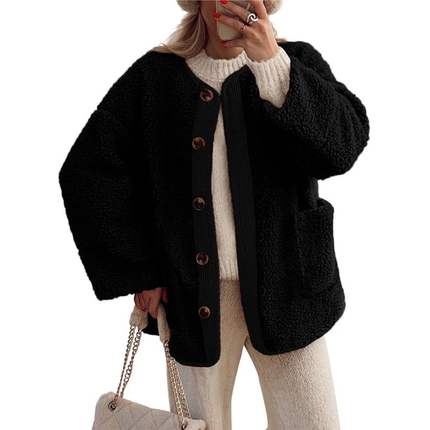 Abrigos de Invierno para Mujer, de Larga, con Botones, Chaquetas de Forro Suave, Ropa de Abrigo, Moda de Otoño Negro M
