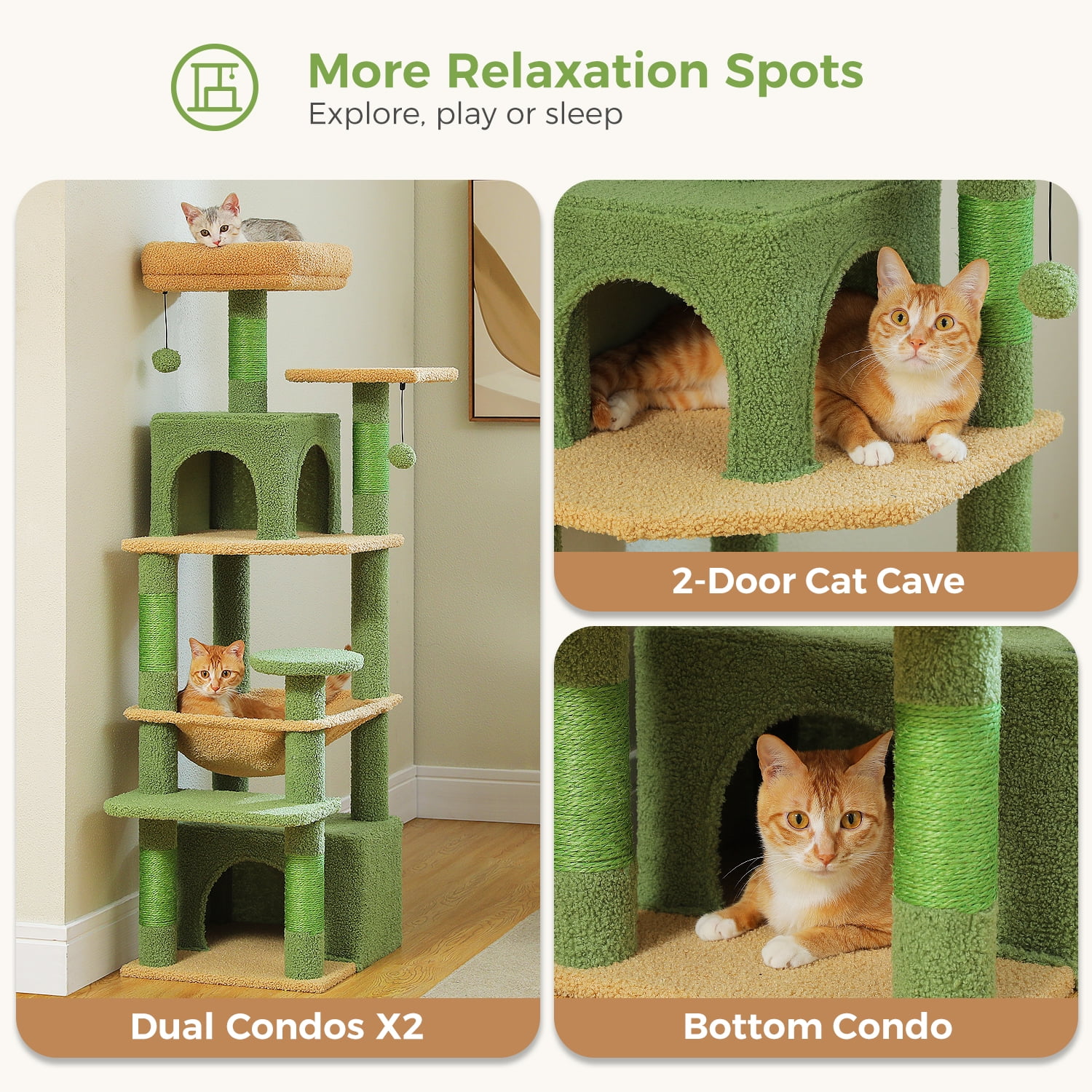 Pefilos 53" Tall Cat Tree Tower with Spacious Hammocks, Condos and Scratching Posts, Cat House with Dual Padded Perches for Indoor Large Cats, Green