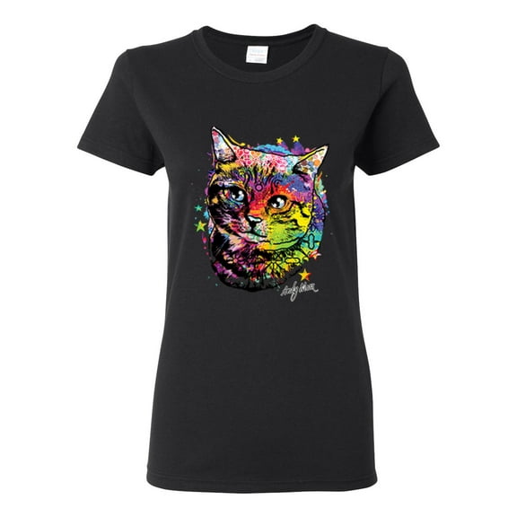 Cute Colorful Rainbow Cat Animal Lover Womens Graphic T-Shirt, Black, Small