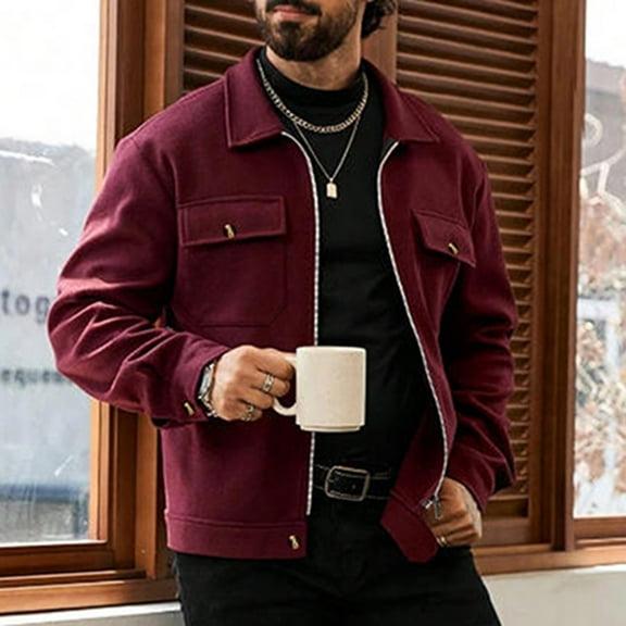 YueHuiYing Men's Fall Winter Solid Color Woollen Cloth Lapel Long Sleeved Double Pockets Zipper Cardigan Coat