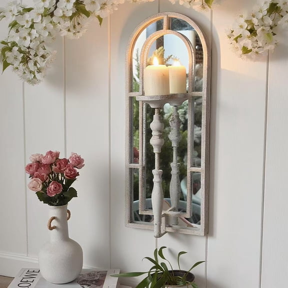 Wall Candle Holder Rustic Mirror Candle Wall Sconce Shabby Chic Qntique Decor for Farmhouse Bathroom Living Room