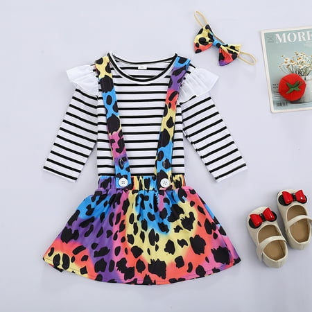 

BadyminCSL Newborn Baby Girl Long Sleeve Stripe Tops+Tie-Dye Suspender Skirt+Headband Set