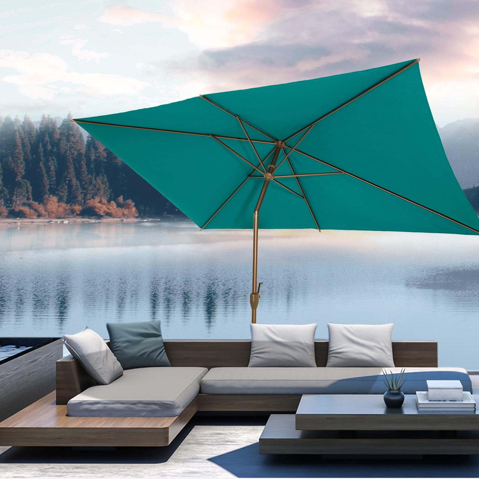 Bibana 6.5x10ft Patio Umbrella Rectangular Outdoor Table Umbrella with Crank & Push Button Tilt for Terrace, Backyard, Garden, Courtyard, Swimming Pool, Lawn (Turquoise)