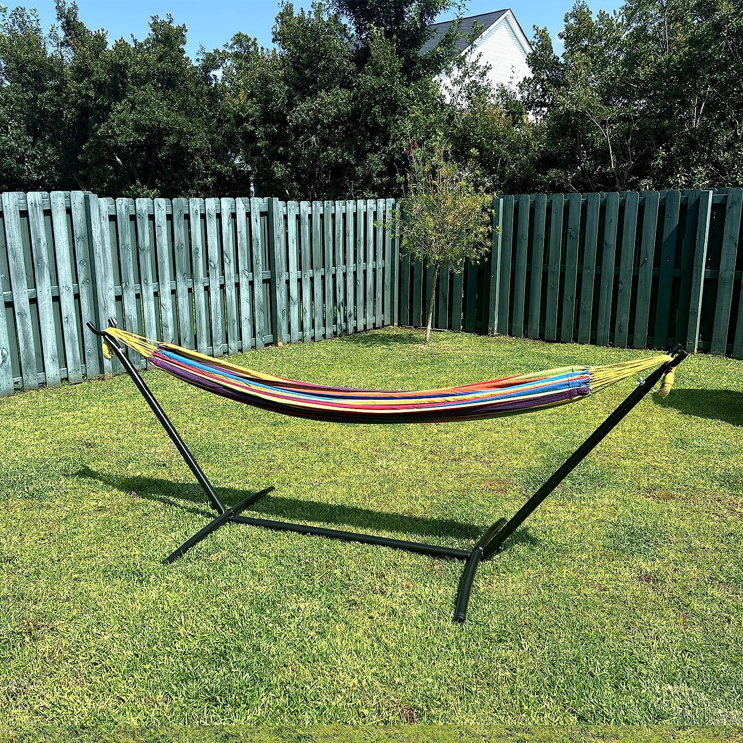 SZHLUX Double Hammock with Stand Included 450lb Capacity Steel Stand, Premium Carry Bag Included.Indoor Outdoor Brazilian-Style Cotton Bed for Backyard, Camping,Garden,Green