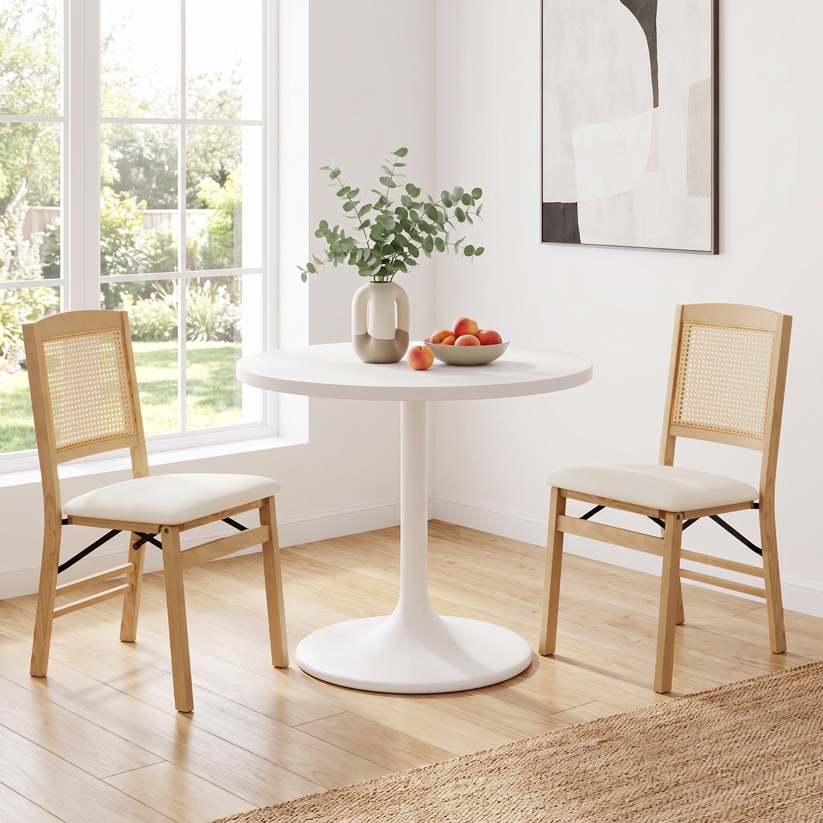 Furnibear Folding Dining Chairs Set of 2 Rubber Wood Chairs with Linen Padded Seat for Kitchen Dining Room Living Room Home, Natural