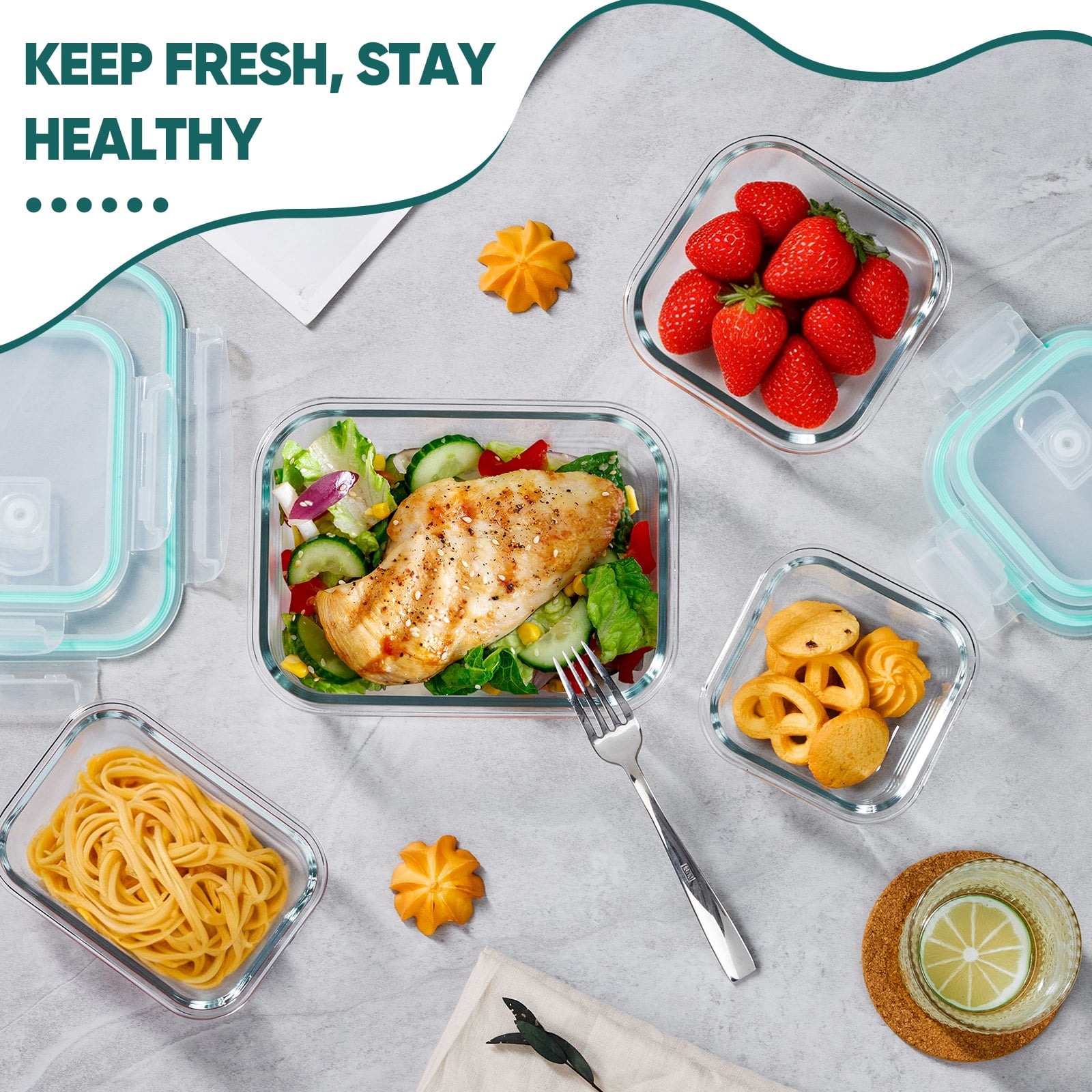 Vesteel 7 Pack Glass Food Storage Containers Set with Airtight Lid, Glass Meal Prep Containers with Vented Lid for Kitchen, BPA-Free Bento Lunch Box , Microwave, Freezer & Dishwasher Safe