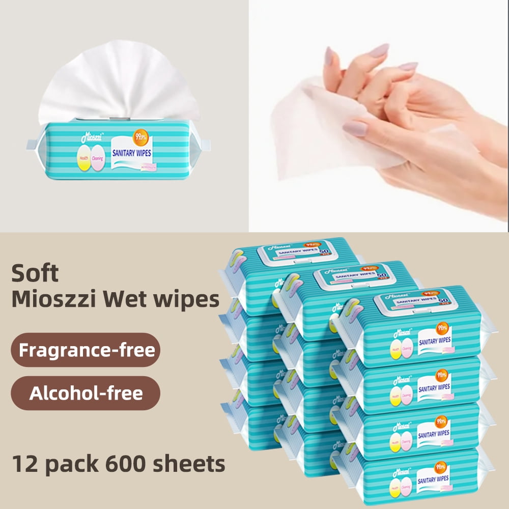 Mioszzi Unscented Non-Alcohol All-Purpose Sanitary Wipes, 12 Packs 600 Total Wipes