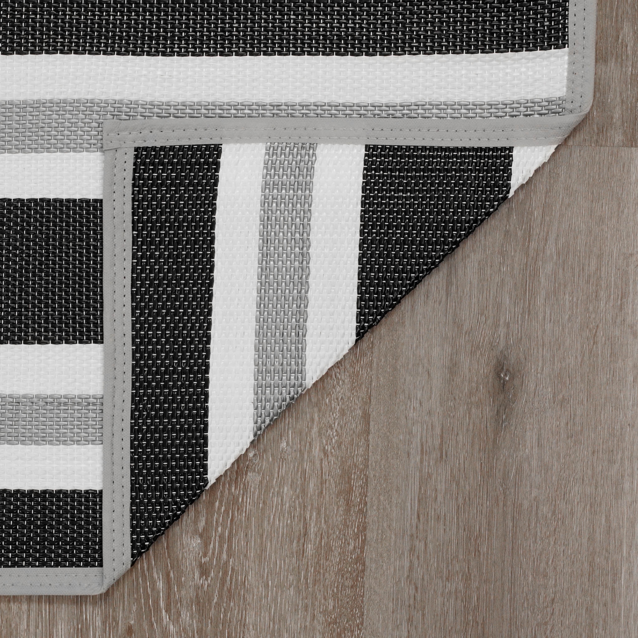 Luna Contemporary Stripe Black and Gray Polypropylene Reversible Plastic Straw Outdoor Area Rug, 8'11'' x 11'10'' Rectangle