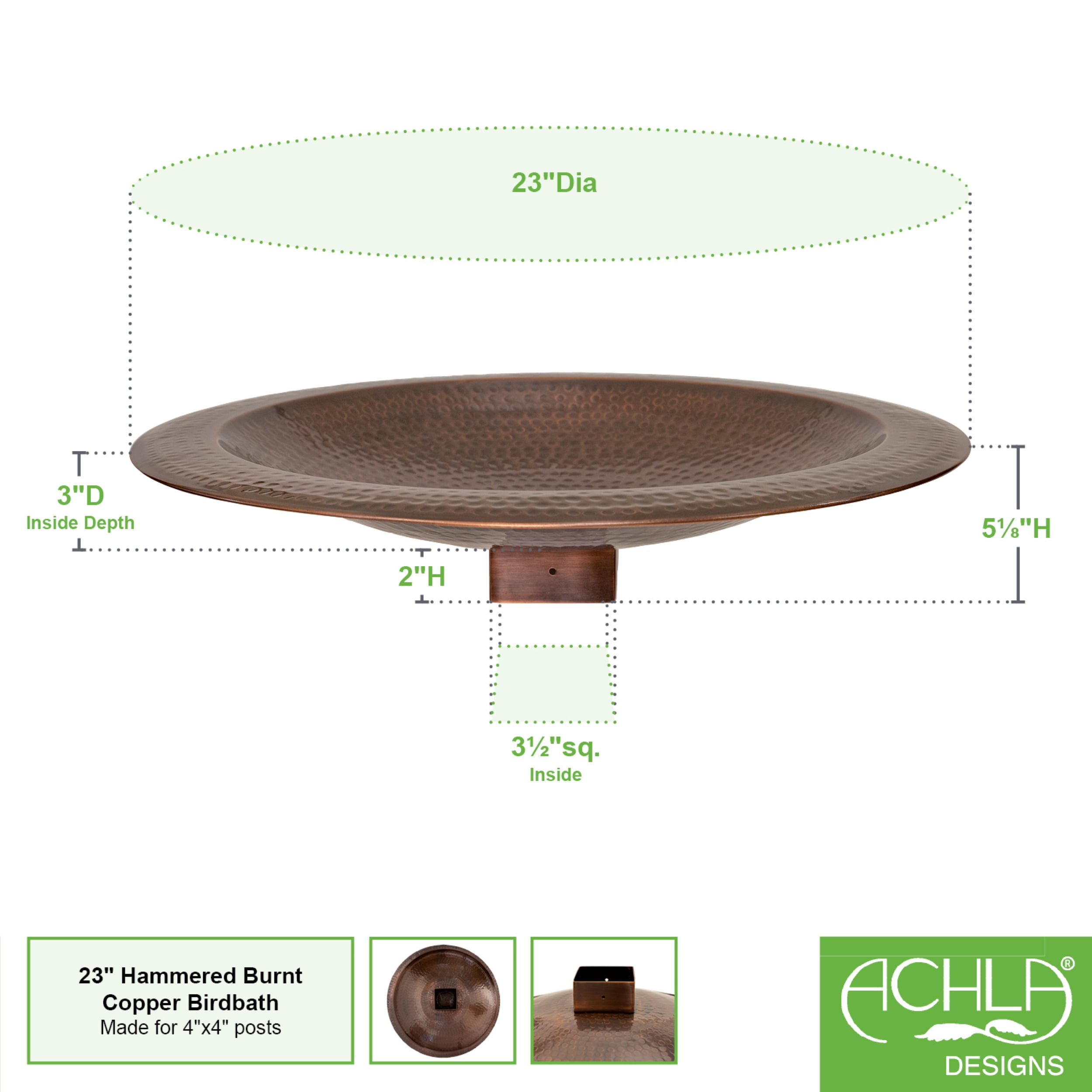 Achla Extra Large Metal Bird Bath w/Post Mount, Copper Color