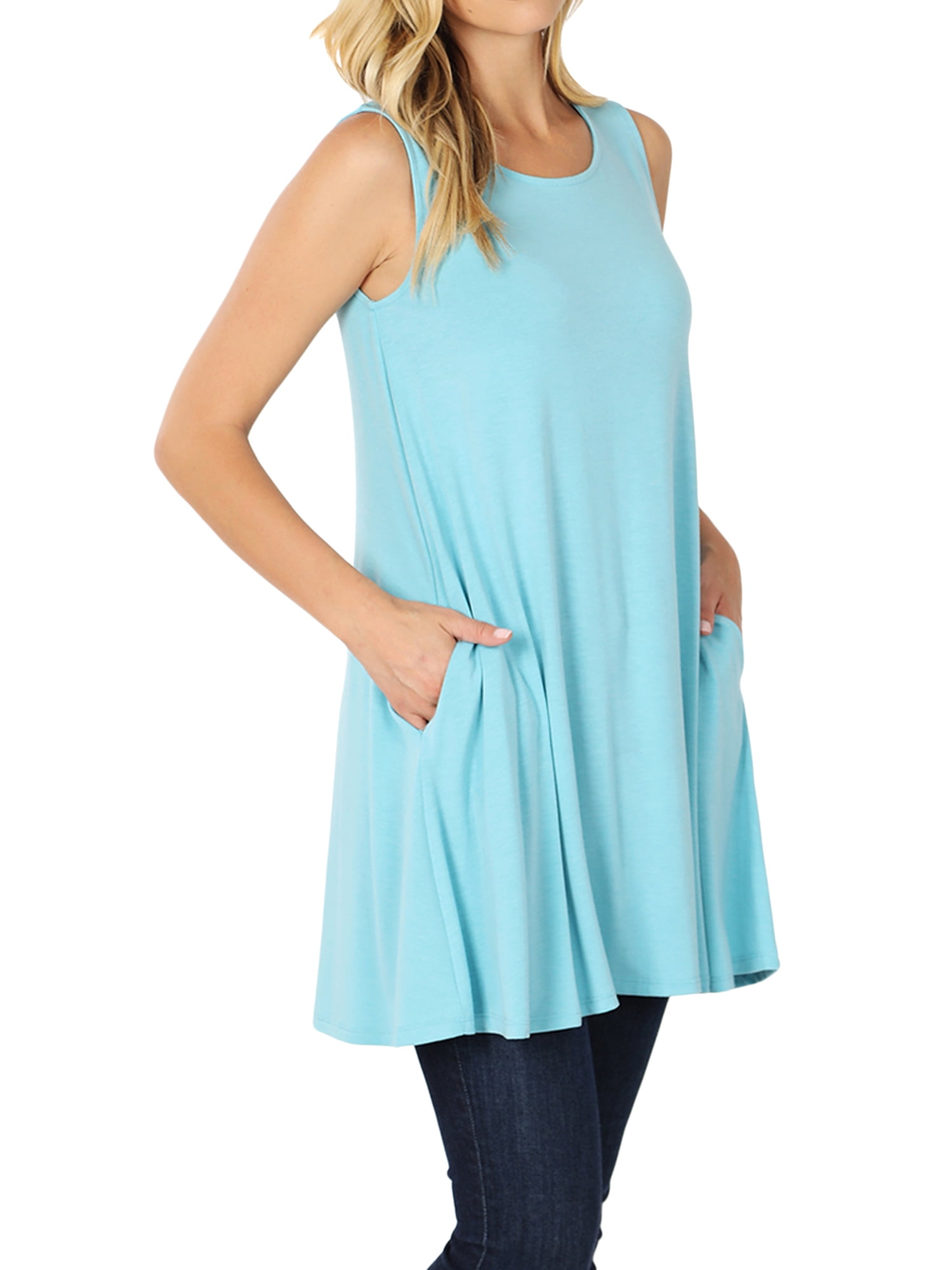 TheLovely - Women Round Neck Sleeveless Flowy Tunic Top with Side ...