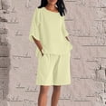thumbnail image 2 of Bloomae Plus Size Women Two Piece Lounge Shorts Sets Lightweight Casual 3/4 Length Sleeve V Neck Shirts and Drawstring Short Pants Soft Cotton and Linen Outfit Clothes 2025 Beige XL, 2 of 9