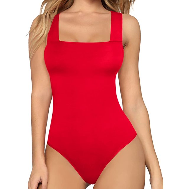 Xishao Body de manga larga sin mangas con cuello cuadrado para mujer, Rojo sin mangas., M Xishao ropa