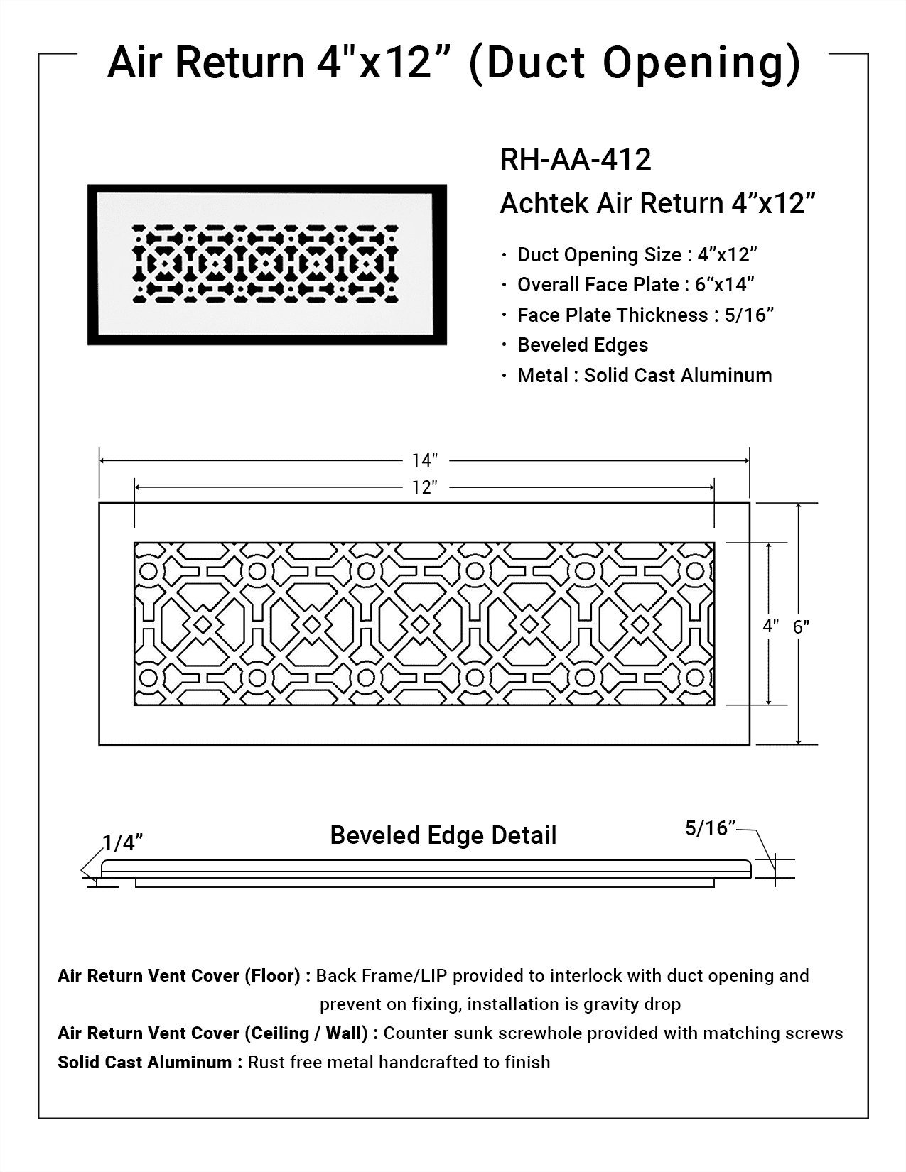 Achtek AIR RETURN 4"x12" Duct Opening (Overall Size 6"x14") | Heavy Cast Aluminum Air Grille HVAC Duct || Powder Coated