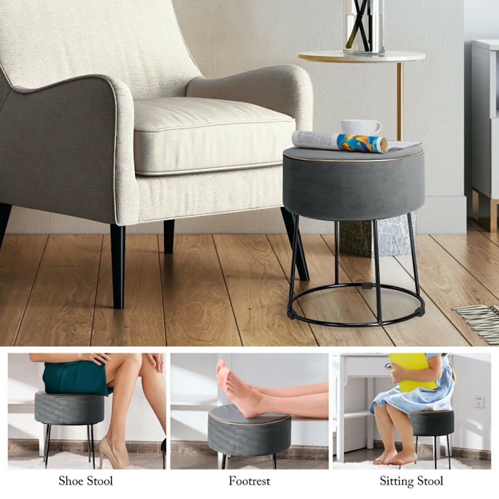 Finihen Round Velvet Ottoman, Footrest Stool, Vanity Chair, Velvet Footrest Stool Ottoman with Non-Slip Foot Pads for Bedside, for Living Room, Bedroom, Gray