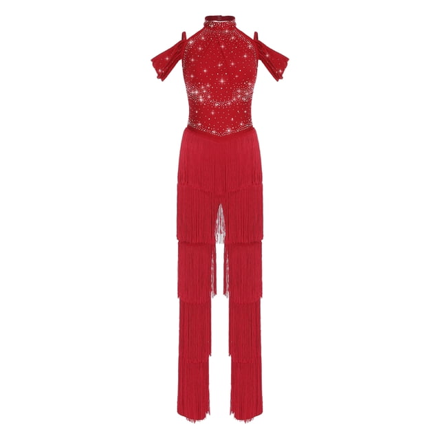 inlzdz Women's Rumba Latin Dance Rhinestones Sleeveless Tassel Jumpsuit Rompers Red M