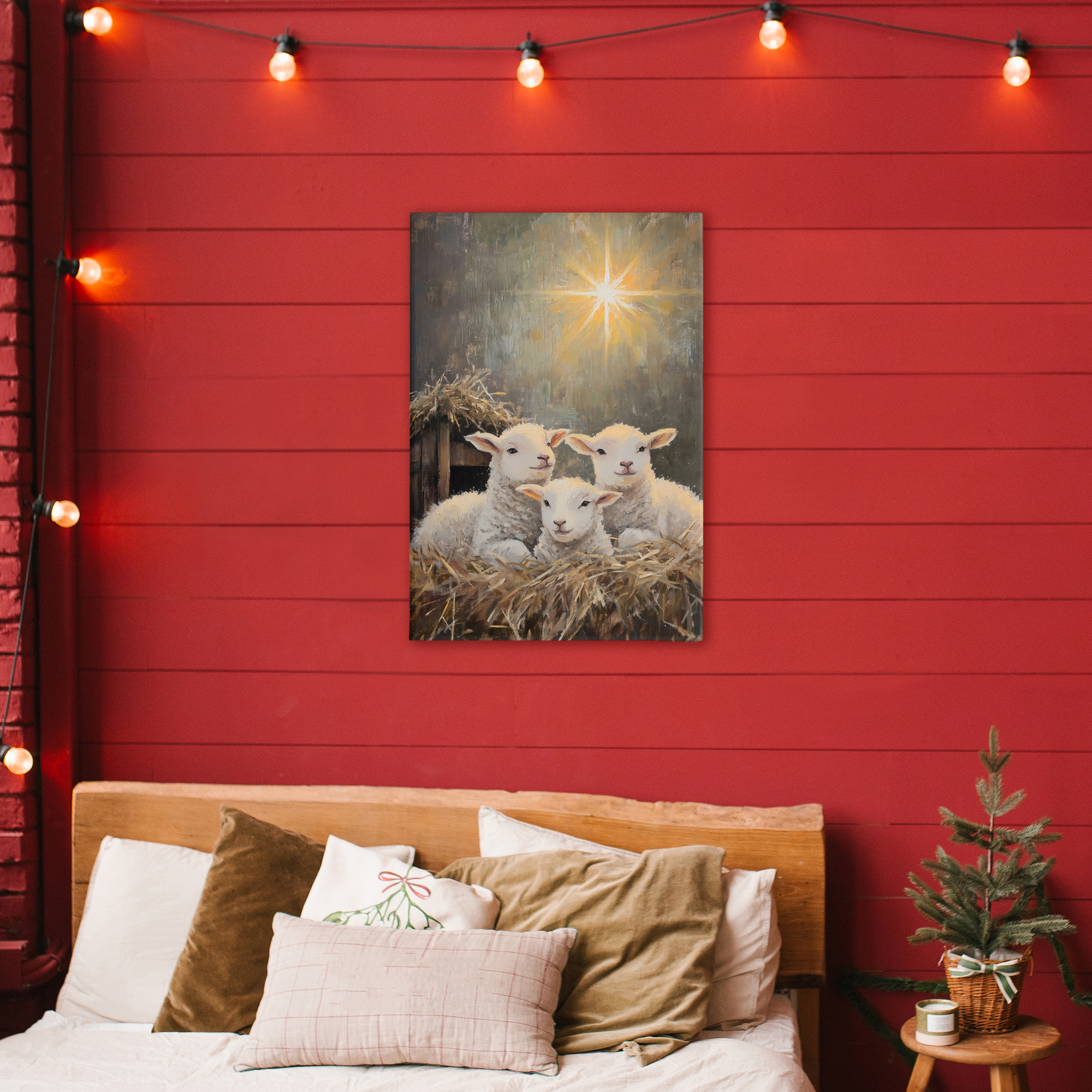 Festive Lambs in Stable Canvas Wall Art, design by Petal Prints Design
