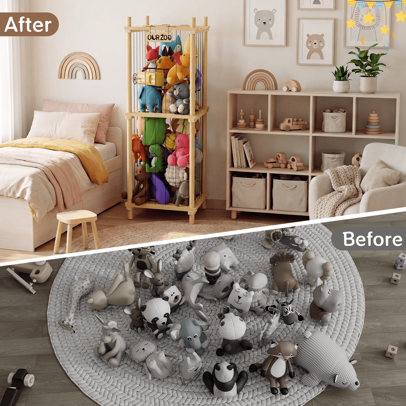 Stuffed Animal Zoo Storage Cage, 41'' Extra Large Toy Storage Bin Display for Kids Room, Playroom, Plushies, Stuffy, Toys Organizer Holder Basket, Wood
