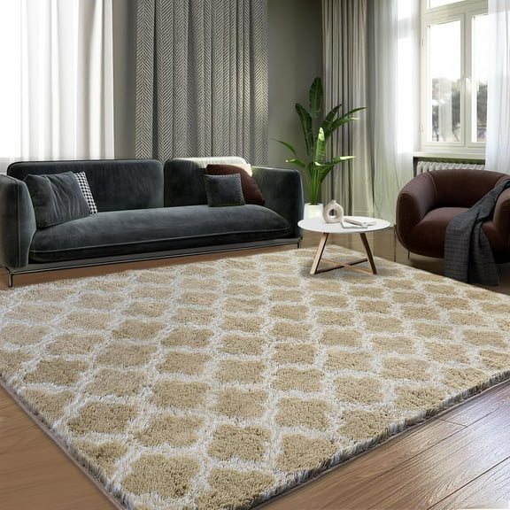 AllWays Plaza Shag Area Rug 5x7 Feet Extra Soft Rugs for Living Room, High Pile Indoor Carpet for Bedroom, Kids Room, Nursery, Home Decor, Geometric, Beige/White