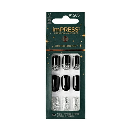 imPRESS Holiday Press-On Nails, Wishlist, Black, Medium Length, Square Shape, 30 Ct.
