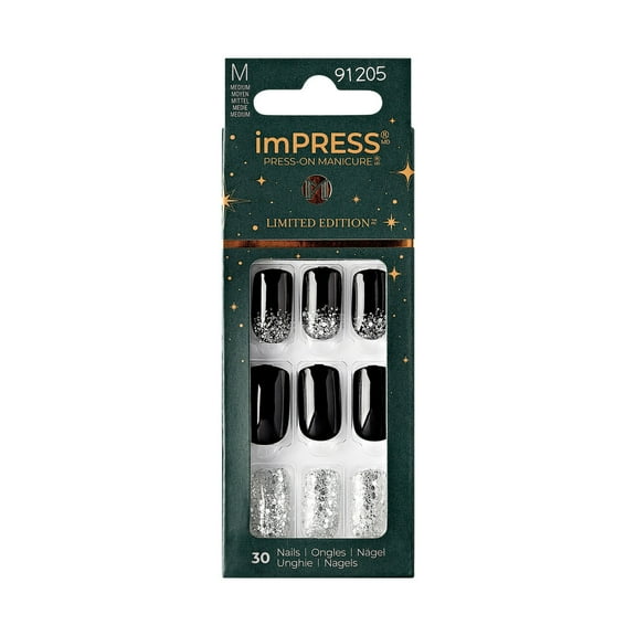 imPRESS Holiday Press-On Nails, Wishlist, Black, Medium Length, Square Shape, 30 Ct.
