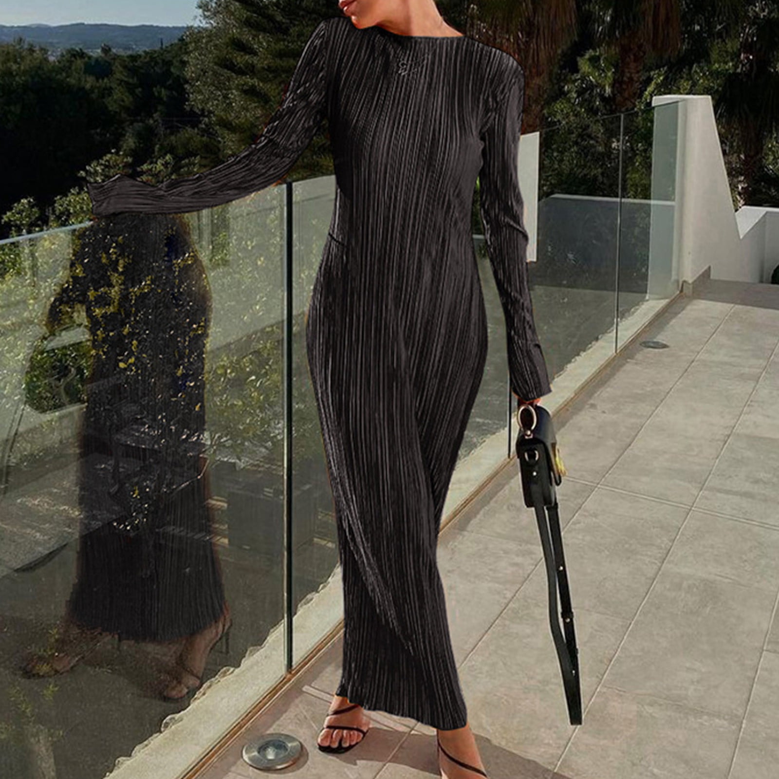 Blmnix Sheath Party Dresses for Women 2025 Black Vacation Long Party Fashion Mock Neck Long Sleeve Dresses
