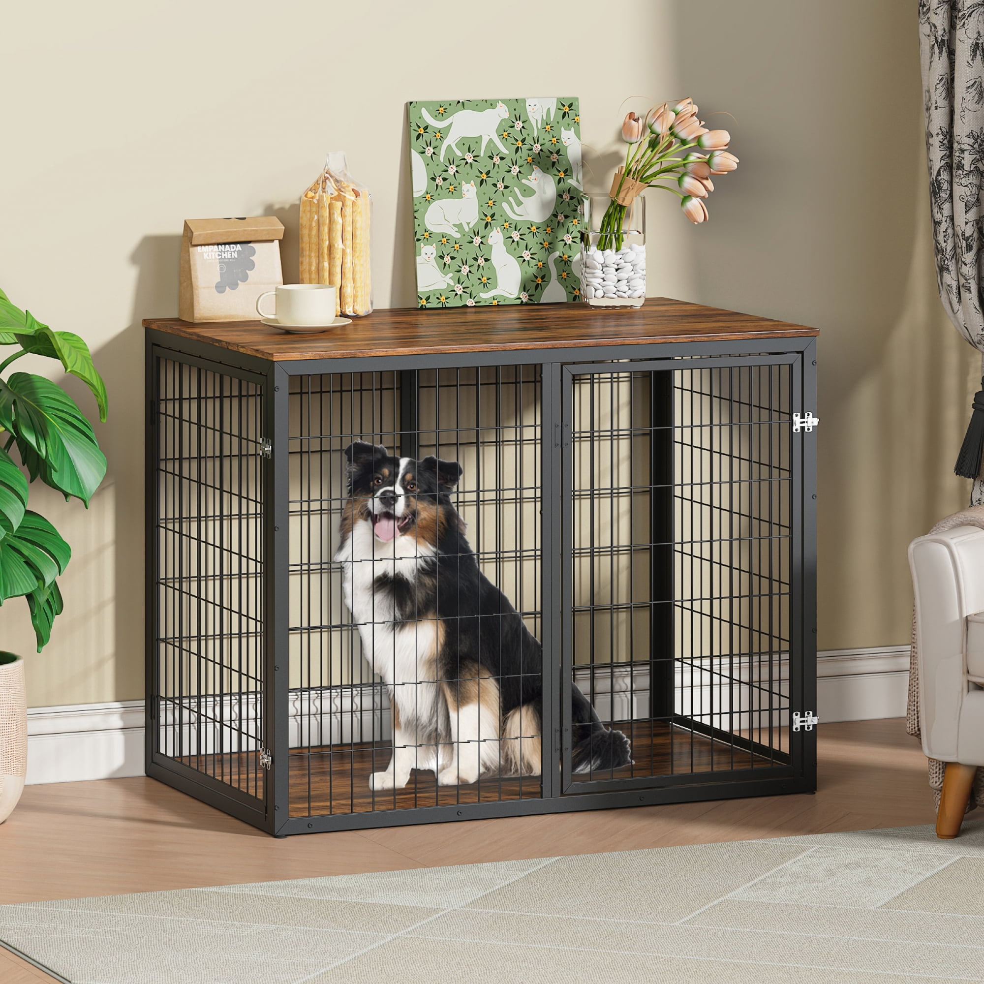 Jopath 47" Dog Crate Dog Cage Furniture with 3 Doors for Large Medium Dogs Rustic Brown