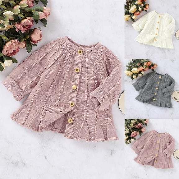 WRKEKC Girls Cardigan Crewneck Soft Thickened Cable Knit Long Sleeve Solid Color Button Front Sweater with Ruffled Hem Feminine Matching for 3-24 Months Girls Fall Winter