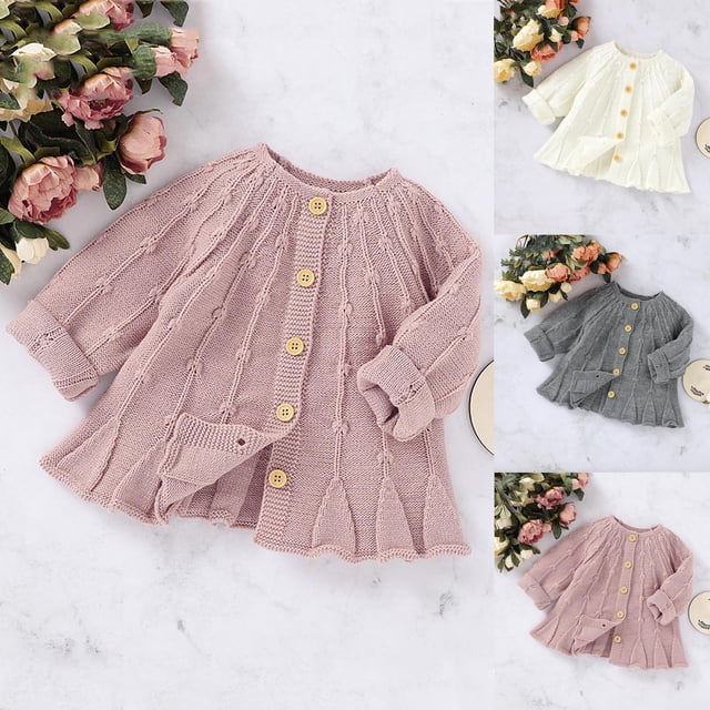 LOVZFMLL Sweaters for Girls, Crew Neck Cable Knit Cardigan Solid Color, Casual Cute Ruffle Button Outerwear Fall Clothes Warm Winter Tops Newborn Girls Clothes for 3-6 Months