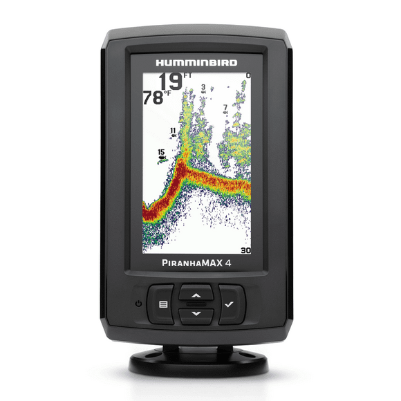 Humminbird Fish Finder 410150-1 PiranhaMax 4; Use To Find Fish And Identify Contours; 4.3 Inch LCD Display; 272 x 480 Pixels Resolution; Keypad Control; 300 Watt Output; Waterproof; Dual Beam Sonar