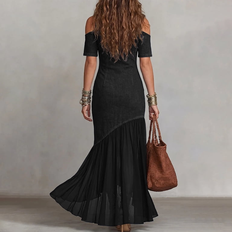 denim off the shoulder maxi dress DERRIA OFF THE SHOULDER DENIM MAXI DRESS