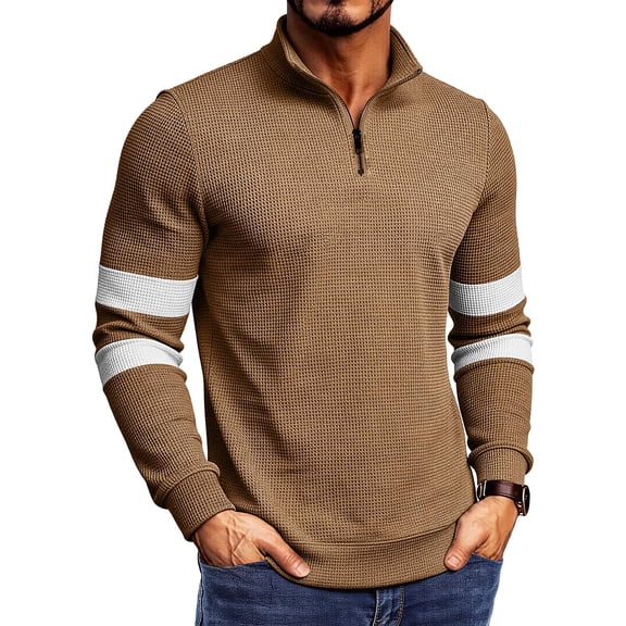 Ozmmyan Zip Mock Neck Sweatshirt for Men Waffle Knit Quarter Zip Plus Size Pullover Striped Color Block Sleeve Athletic Workout Lounge Top