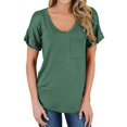 thumbnail image 5 of Camiseta de mujer con cuello en V, manga corta, bolsillo, blusa, top informal de verano, verde oscuro, S seitruly AP001345-21, 5 of 5